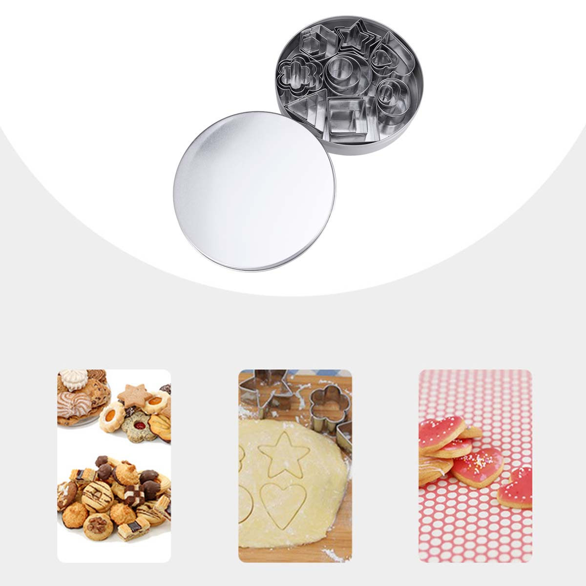 Baking Kitchen Set - 24個入りクッキー型セット。ステンレス製で、ミニサイズの幾何学模様が施されており、お菓子作りやDIYに最適。