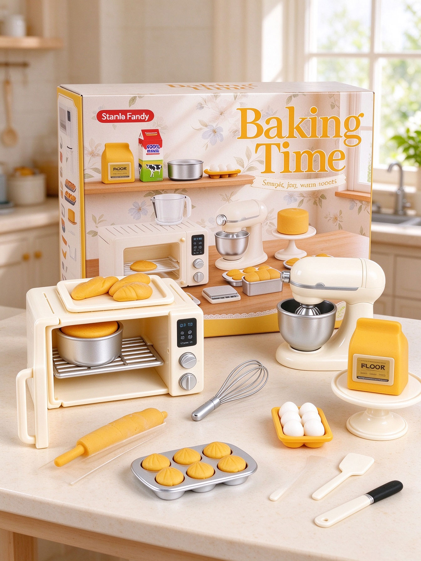 Kitchen Kids Baking Set - ミニサイズのベーキングおもちゃセット。ドールハウス用のミニチュアオーブンとベーキングアクセサリー。子供向けのシミュレーション食品おもちゃ。