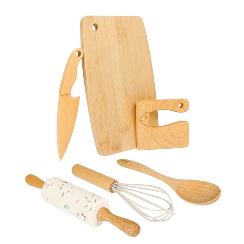Kitchen Kids Baking Set - 本格的な料理を体験できる、木製の子供用ナイフと幼児向けのベーキングセット。6点セットで、モンテッソーリ教育に沿った幼児用キッチンツール、料理用まな板が含まれています。