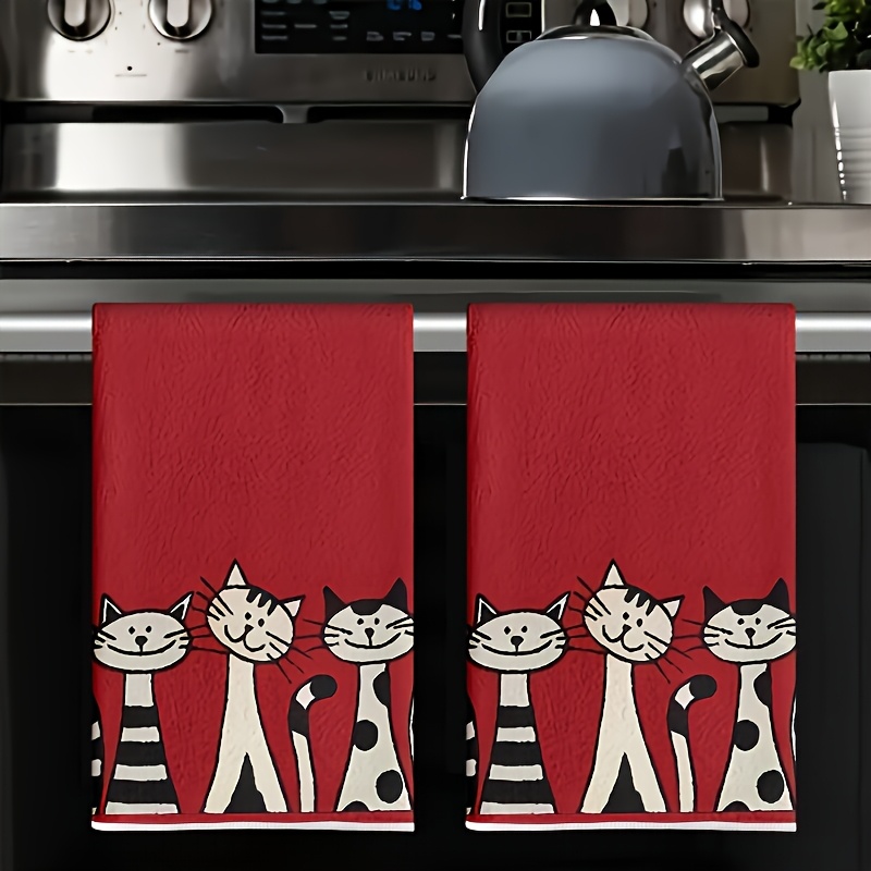2枚セット、猫のイラストシリーズ、赤い背景にプリントされたキ - Kitchen Baking Background のレビューと価格