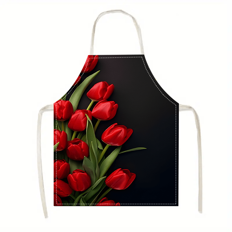 1pc レッドチューリップフラワー黒背景リネンエプロンキッチ - Kitchen Baking Background のレビューと価格